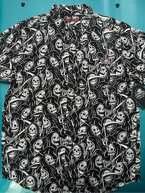 Men's Black & White Reaper Print Short-Sleeve Button-Down Shirt Lurking class